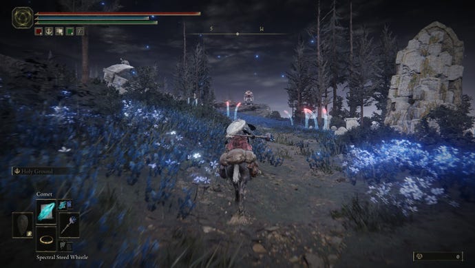 The Tarnished gallops through the Cerulean Coast in Elden Ring: Shadow of the Erdtree. Weird multi-coloured plants abound, and there's a Troll in the background about to throw a pot.