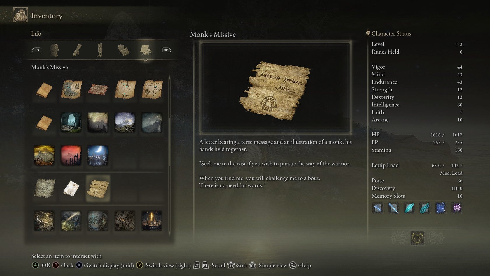 A screenshot of the inventory menu of Elden Ring: Shadow of the Erdtree, showing the Monk's Missive. - 4