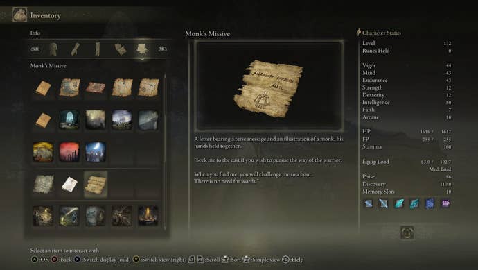 A screenshot of the inventory menu of Elden Ring: Shadow of the Erdtree, showing the Monk’s Missive.