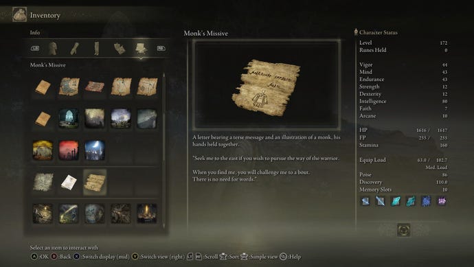 A screenshot of the inventory menu of Elden Ring: Shadow of the Erdtree, showing the Monk's Missive.