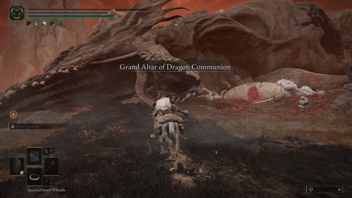 A screenshot showing a giant dragon's corpse, from Elden Ring: Shadow of the Erdtree. This area is called the Grand Altar of Dragon Communion.