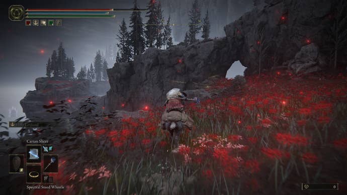 A screenshot from Elden Ring: Shadow of the Erdtree showing the player riding Torrent to a northern Site of Grace in Charo’s Hidden Grave.