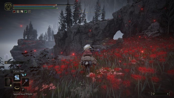A screenshot from Elden Ring: Shadow of the Erdtree showing the player riding Torrent to a northern Site of Grace in Charo's Hidden Grave.
