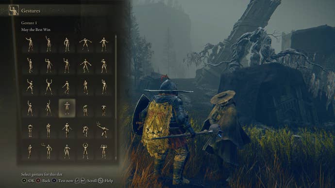 Speaking with Dryleaf Dane in Elden Ring: Shadow of the Erdtree. The gesture window is open, showing the “May the best win” gesture .