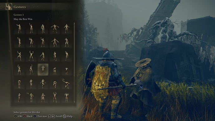 Speaking with Dryleaf Dane in Elden Ring: Shadow of the Erdtree. The gesture window is open, showing the "May the best win" gesture .