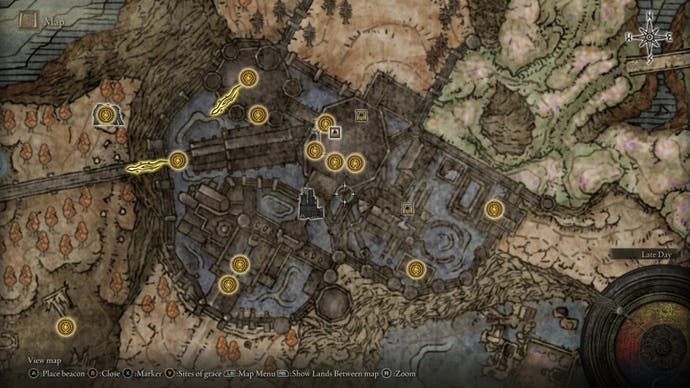 A map screen from Shadow of the Erdtree, showing the Site of Grace locations for Shadow Keep.