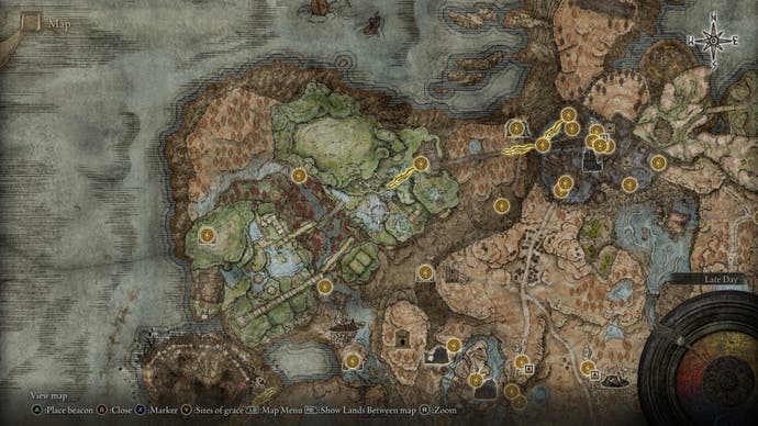 A map screen from Shadow of the Erdtree, showing the Site of Grace locations for the Ancient Ruins of Rauh.