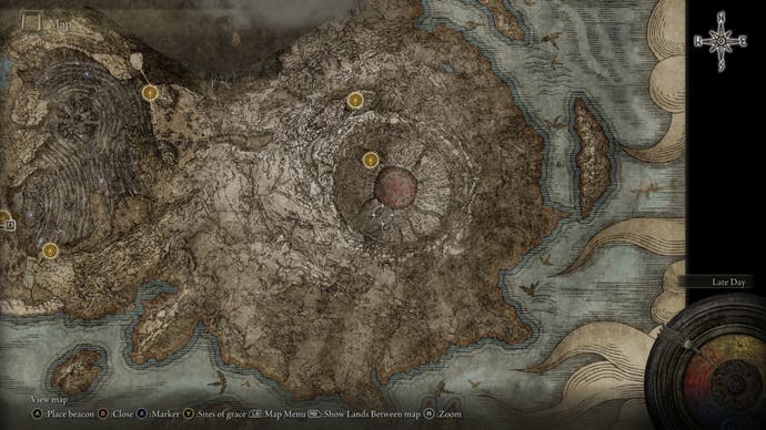 A map screen from Shadow of the Erdtree, showing the Site of Grace locations for Jagged Peak.
