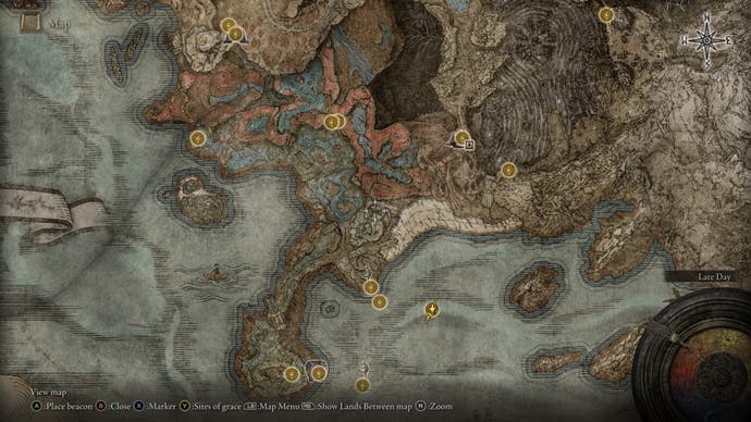 A map screen from Shadow of the Erdtree, showing the Site of Grace locations for Cerulean Coast, Charo's Hidden Grave and Stone Coffin Fissure.