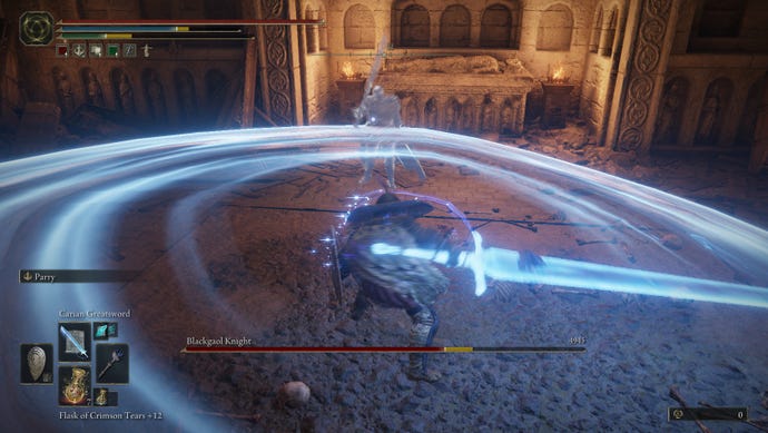 Attacking the Blackgaol Knight with the Carian Greatsword Sorcery in Elden Ring: Shadow Of The Erdtree.