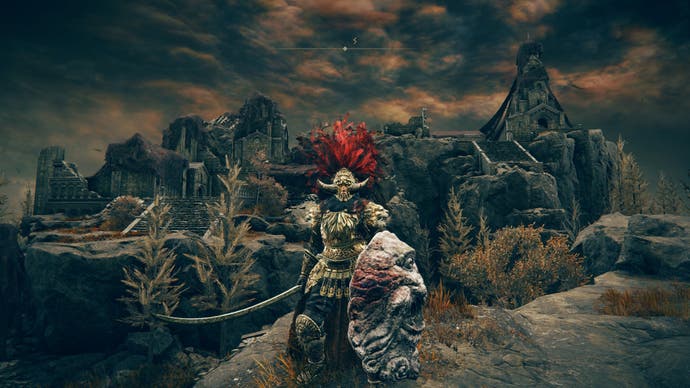 A warrior stands in front of Prospect Town in the western region of Gravesite Plain in Elden Ring Shadow of the Erdtree.