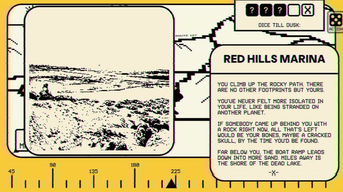 A scene from Broke Signal Badlands, with a monochrome illustration of a dry lake bed on one side and text describing it on the other.