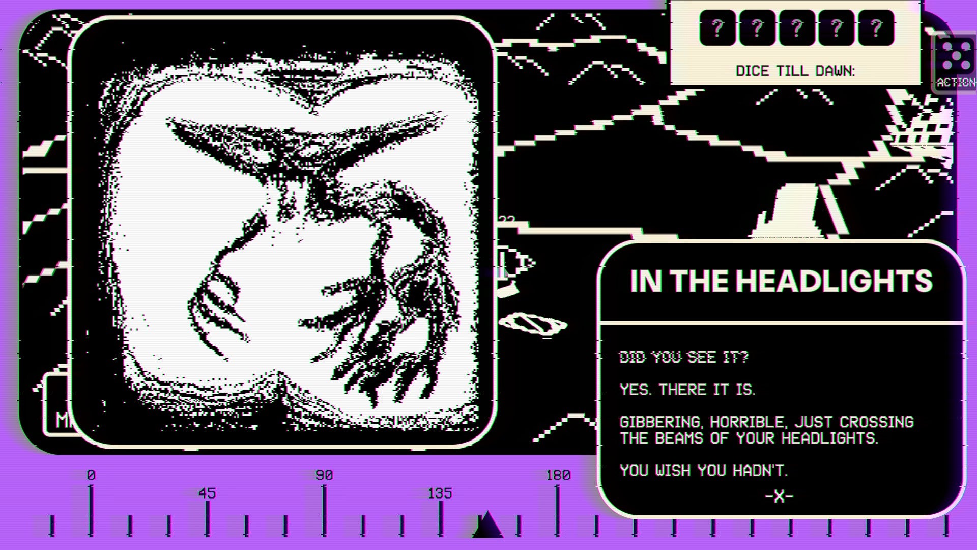 A blurry image of a monster encountered at night in Broke Signal Badlands, with some text describing it - 1