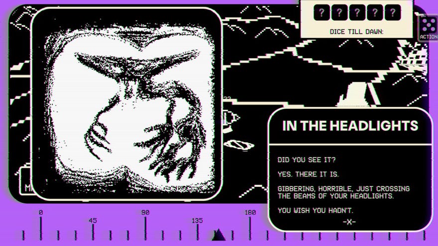 A blurry image of a monster encountered at night in Broke Signal Badlands, with some text describing it