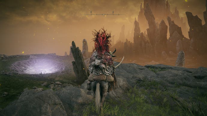 A warrior sits on their horse overlooking a hill with a purple meteor crater on the way to the Ruins of Dheo in Elden Ring Shadow of the Erdtree.
