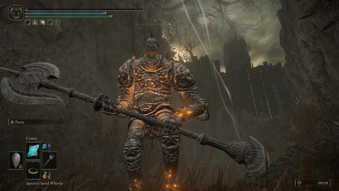 Un enorme gigante con un hacha se cierne sobre el jugador en Elden Ring: Shadow of the Erdtree.