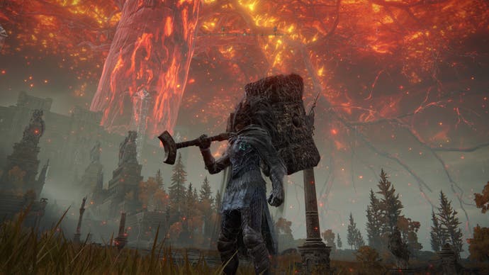 A warrior holds the Giant Crusher colossal weapon in Elden Ring