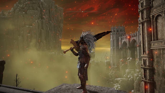 A warrior holds Maliketh's Black Blade in Elden Ring