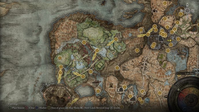 A map screen from Shadow of the Erdtree showing the whole Ancient Ruins of Rauh region.