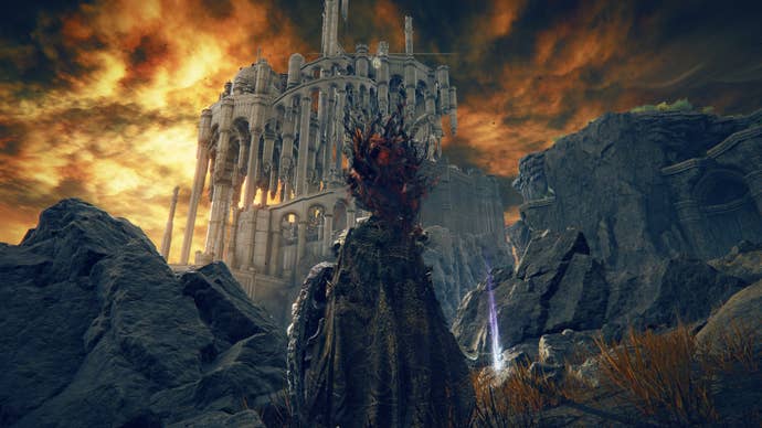 A warrior stands in front of Enir-Ilim to claim the Sacred Tower painting reward in Elden Ring Shadow of the Erdtree.