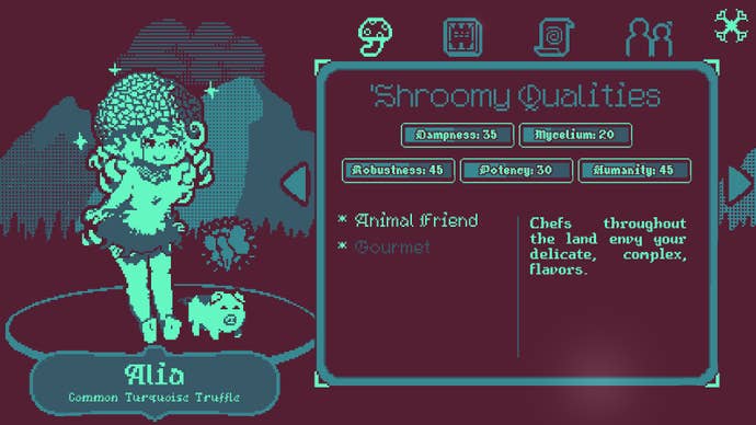 A stats screen for a mushroom girl in Mushroom Musume, represented in green pixelart