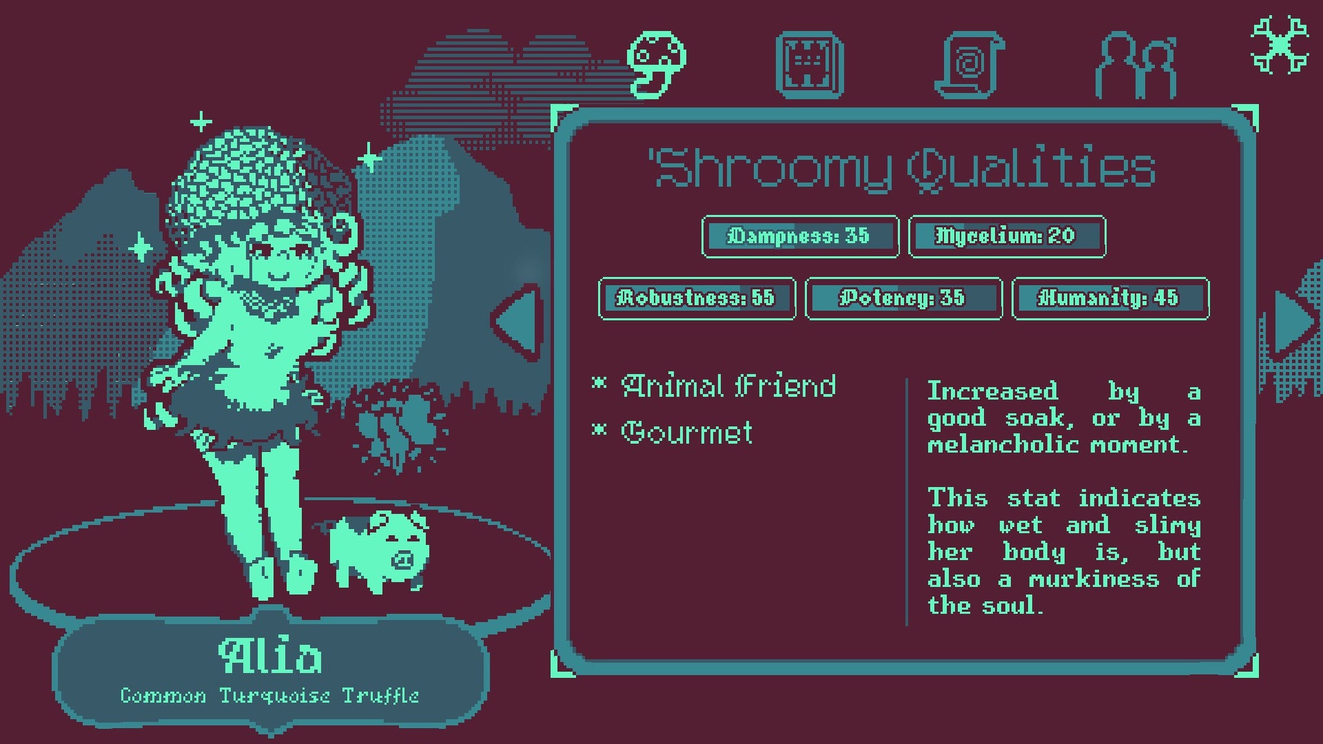 A mushroom girl with stats describing her personality in Mushroom Musume - 21