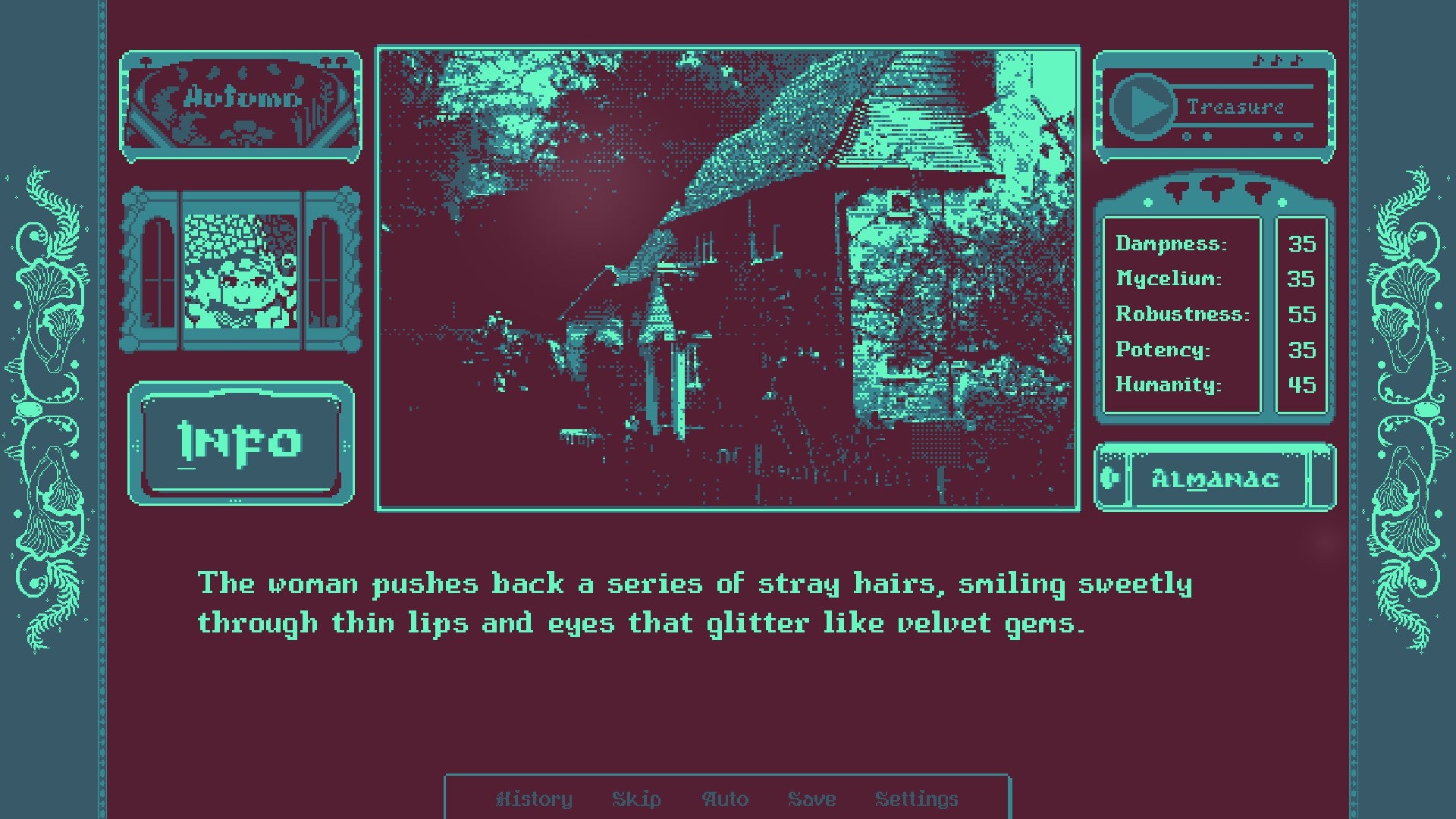 A description of a threatening, but perhaps enticing woman from mushroom-girl-growing life sim RPG Mushroom Musume, with an image of a creepy house above - 3