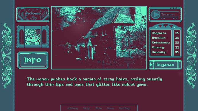 A description of a threatening, but perhaps enticing woman from mushroom-girl-growing life sim RPG Mushroom Musume, with an image of a creepy house above