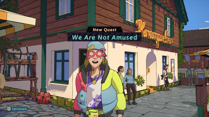 A man wearing a colourful ski jacket and glasses that spell LOOT talks to the player in Dungeons of Hinterberg. They're outside a bar and the text reads: New Quest: We Are Not Amused.
