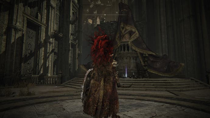 A warrior approaches a statue on an altar in Enir Ilim's hidden path to Belurat Tower Settlement to claim a Scadutree Fragment in Elden Ring Shadow of the Erdtree.