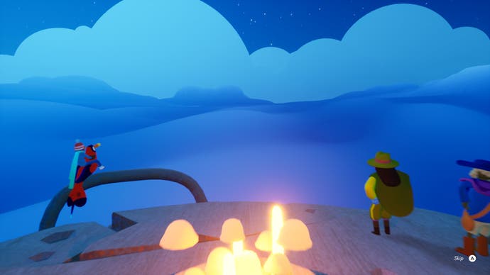 Perched on the edge of a drop, the player and some other characters look towards an evening cloudbank in Flock.