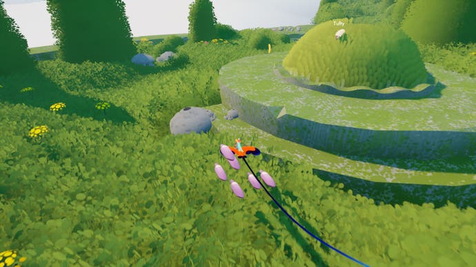 The player approaches a rounded sheep hill in Flock.