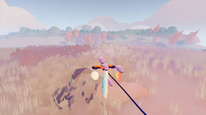 The bird and their flock skim over grasslands in Flock.