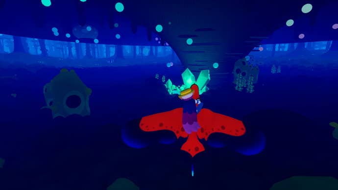 The red bird hovers near a crystal formation in the gloom underneath a mushroom in Flock.