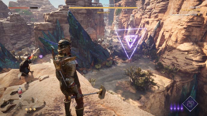 A view of a magic triangular grappling point in Flintlock Siege Of Dawn, with desert canyons below