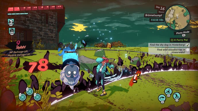 Combat in Dungeons of Hinterberg with the player attacking a floating skull made of goop.