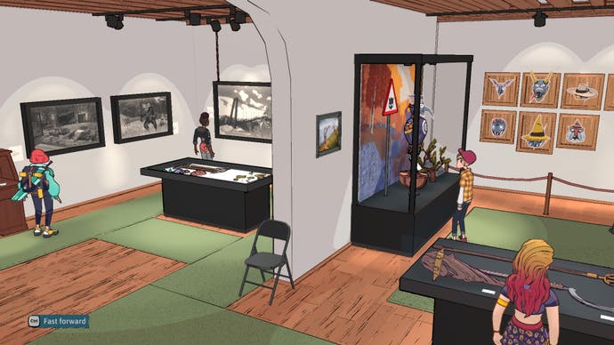 The player explores an alpine museum with pictures and exhibits in Dungeons of Hinterberg.