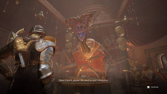 A conversation with a many-armed coffeeshop host in Flintlock: Siege Of Dawn.