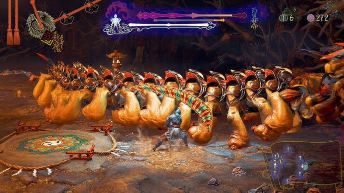 A warrior fights a large centipede demon in Kunitsu-Gami: Path of the Goddess