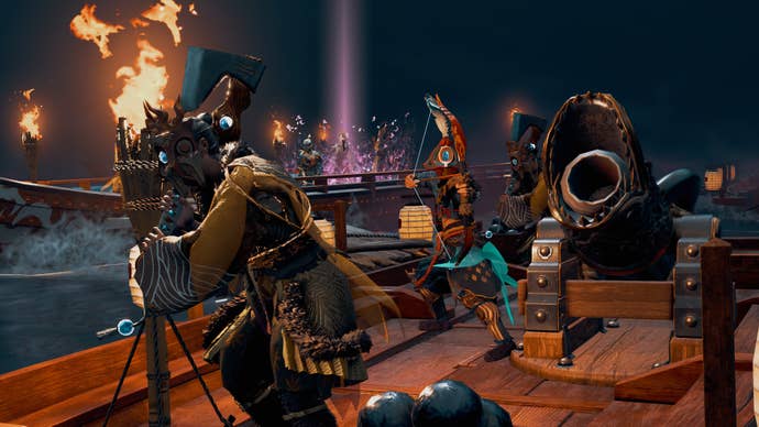 Warriors defend a boat with a cannon from attack in Kunitsu-Gami: Path of the Goddess