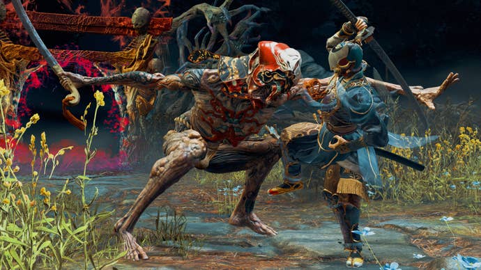 A warrior and demon samurai strike stylish poses in Kunitsu-Gami: Path of the Goddess