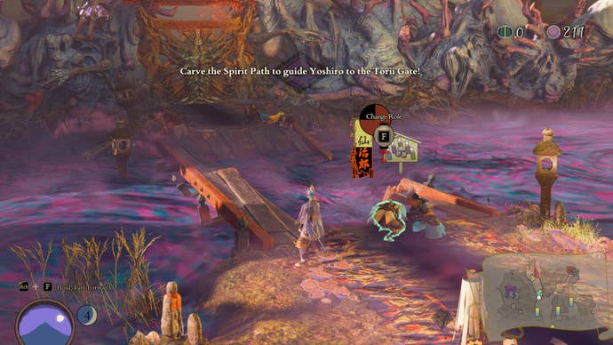 A warrior assigns villagers to repair a bridge across a poison swamp in Kunitsu-Gami: Path of the Goddess