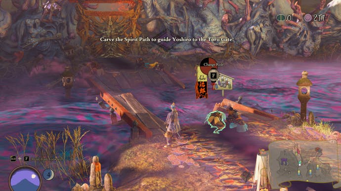 A warrior assigns villagers to repair a bridge across a poison swamp in Kunitsu-Gami: Path of the Goddess
