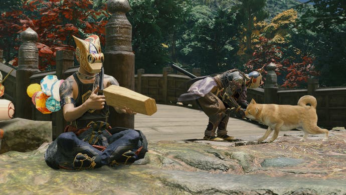 A carpenter cuts at a woodblock while a warrior pets a dog on a bridge in Kunitsu-Gami: Path of the Goddess