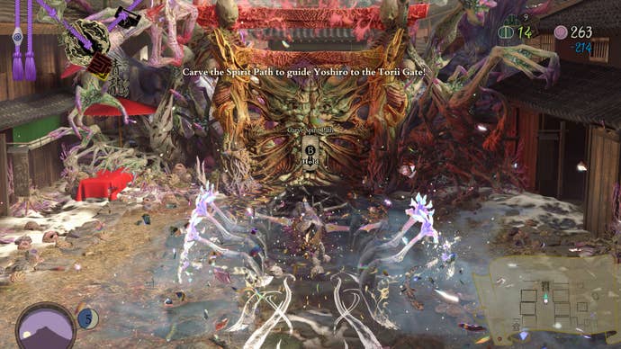 A warrior carves a path toward a torii gate in Kunitsu-Gami: Path of the Goddess