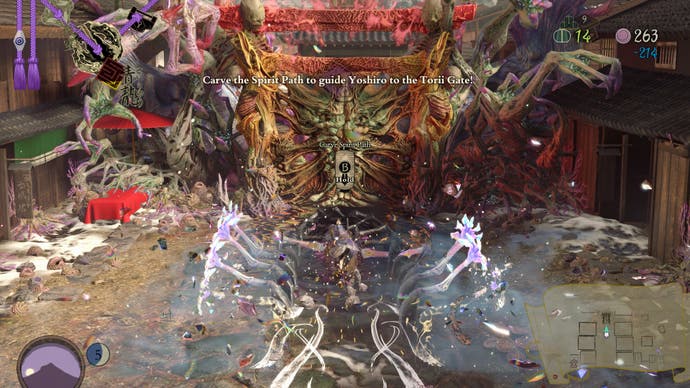 A warrior carves a path toward a torii gate in Kunitsu-Gami: Path of the Goddess