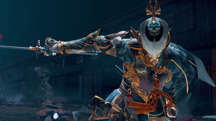 A masked warrior holds their sword out to the side in Kunitsu-Gami: Path of the Goddess