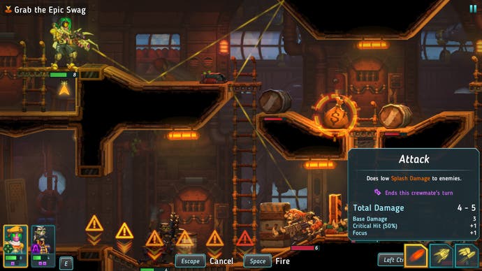 A sniper robot lines up a trick shot in SteamWorld Heist 2.
