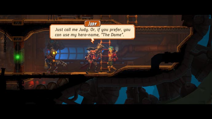 A robot talks to Dame Judy Wrench in SteamWorld Heist 2.