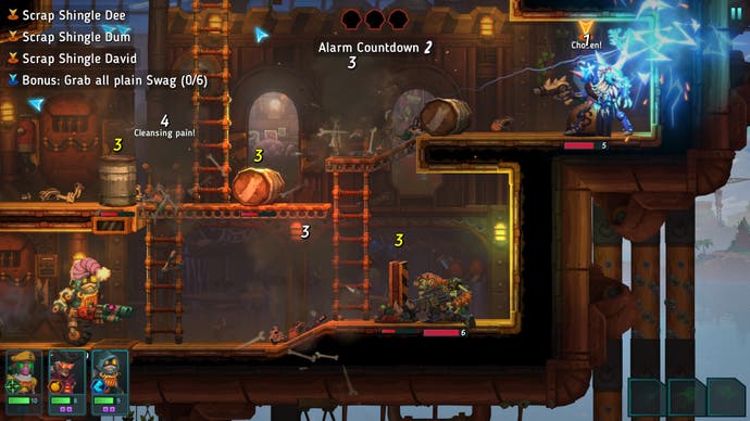 A robot fires their weapon in SteamWorld Heist 2, dealing damage to several barrels and enemies.
